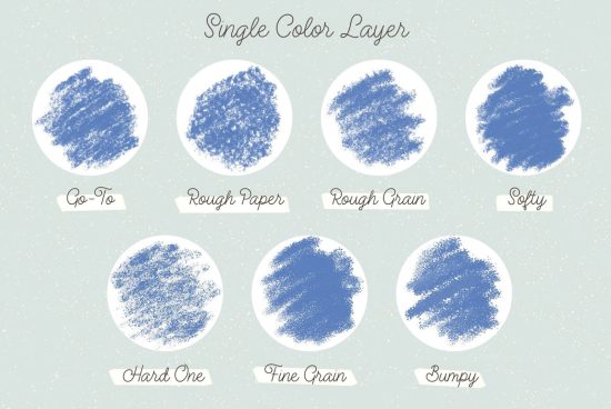 Textured brush strokes sample display for digital assets marketplace, featuring varieties like Rough Paper and Fine Grain for designers.